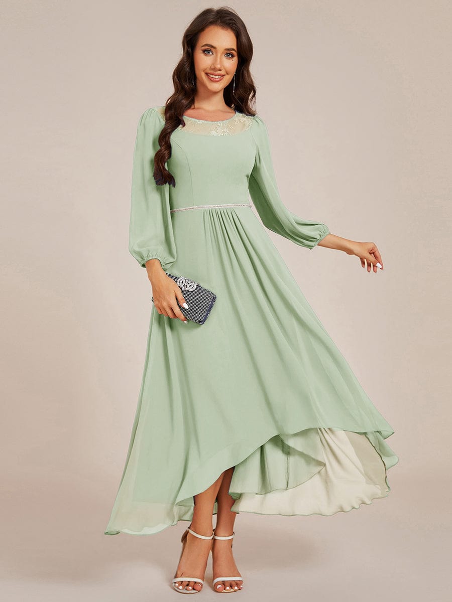 Round Neck Long Sleeve Chiffon High Low Wedding Guest Dress #color_Mint Green