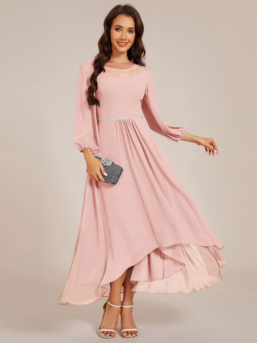 Round Neck Long Sleeve Chiffon High Low Wedding Guest Dress #color_Pink