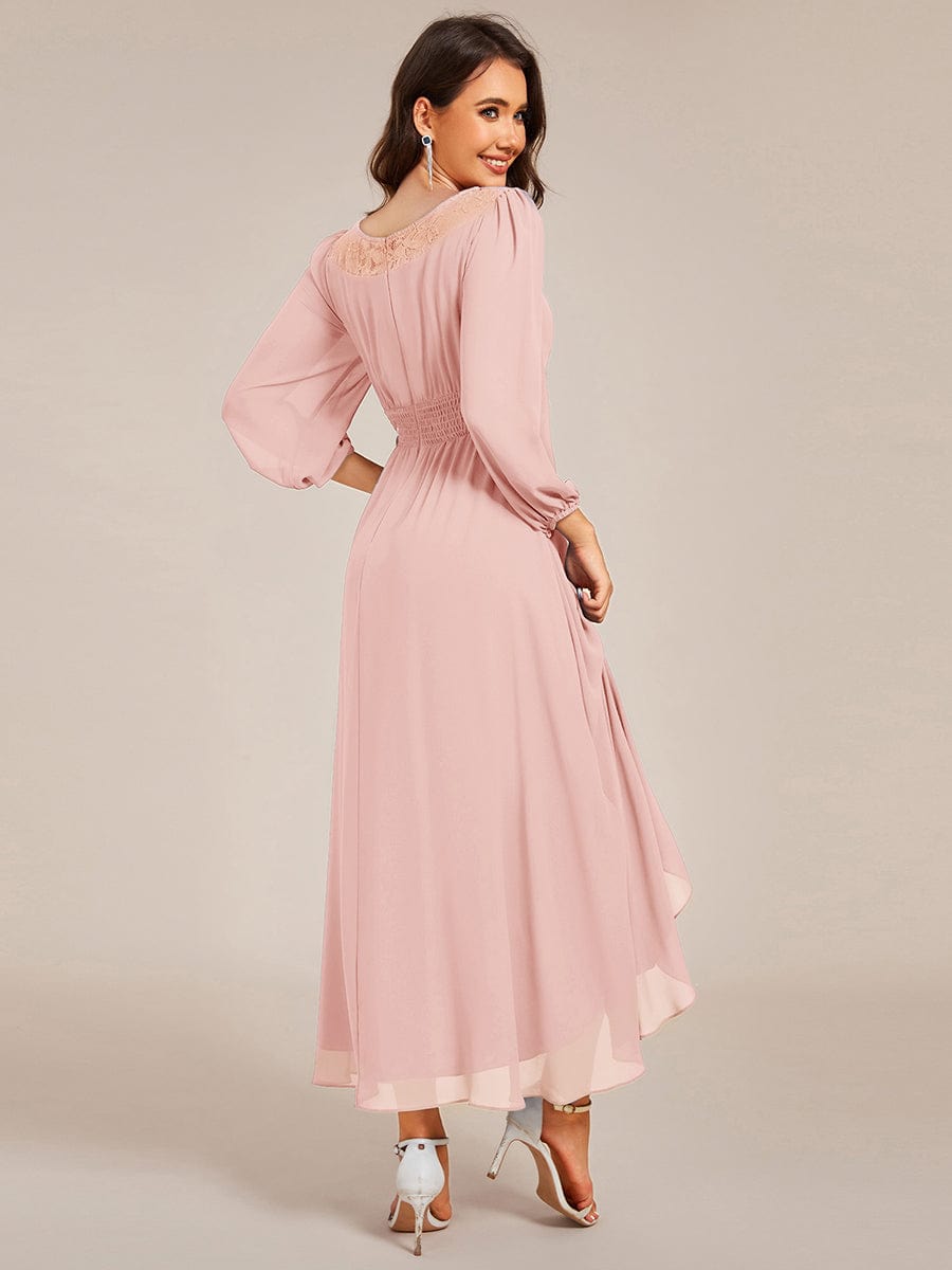 Round Neck Long Sleeve Chiffon High Low Wedding Guest Dress #color_Pink