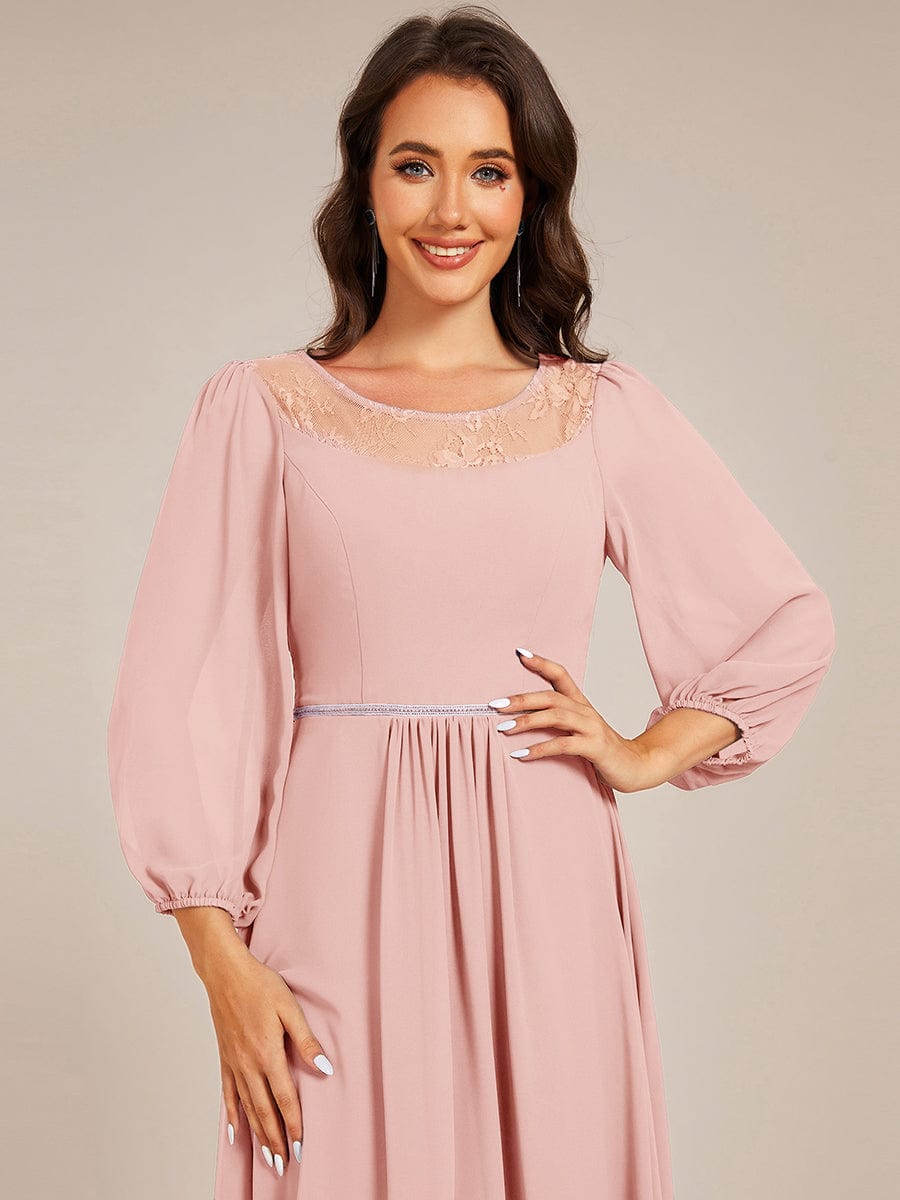 Round Neck Long Sleeve Chiffon High Low Wedding Guest Dress #color_Pink