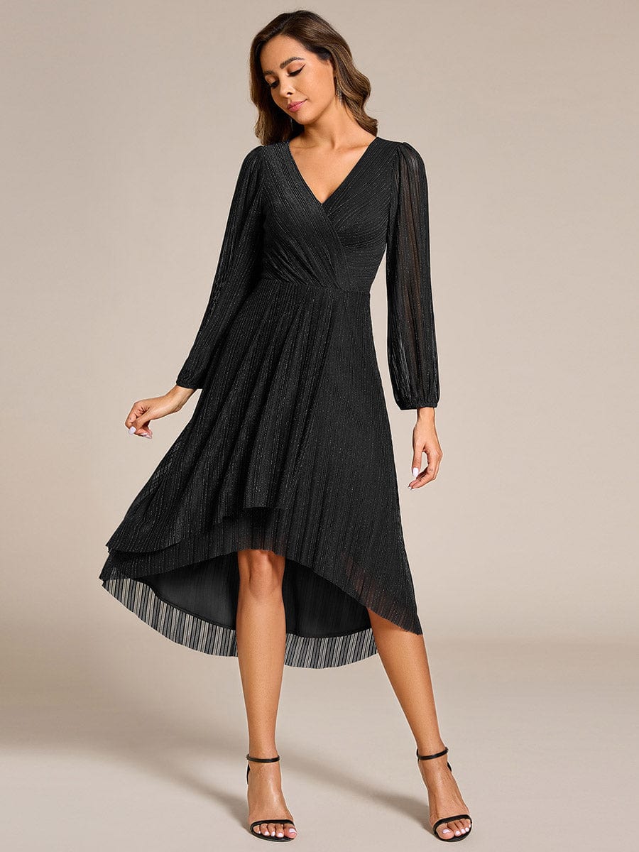 Shiny V-neck Faux-Wrap Midi Wedding Guest Dress with Long Sleeves #color_Black