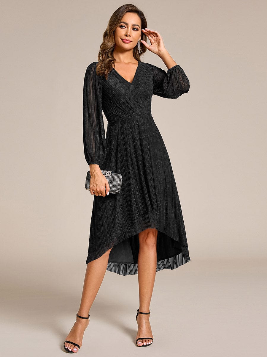 Shiny V-neck Faux-Wrap Midi Wedding Guest Dress with Long Sleeves #color_Black