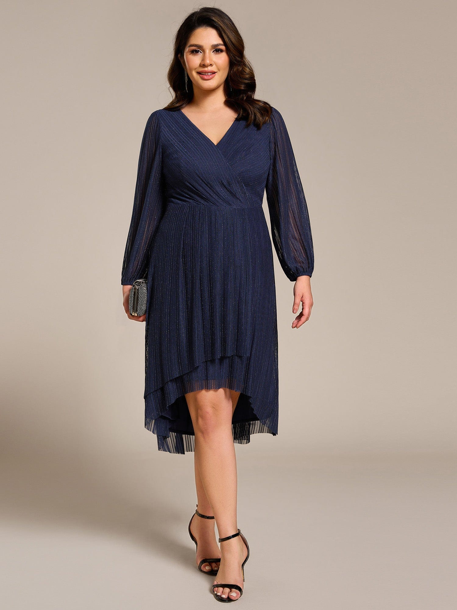 Shiny V-neck Faux-Wrap Midi Wedding Guest Dress with Long Sleeves #color_Navy Blue