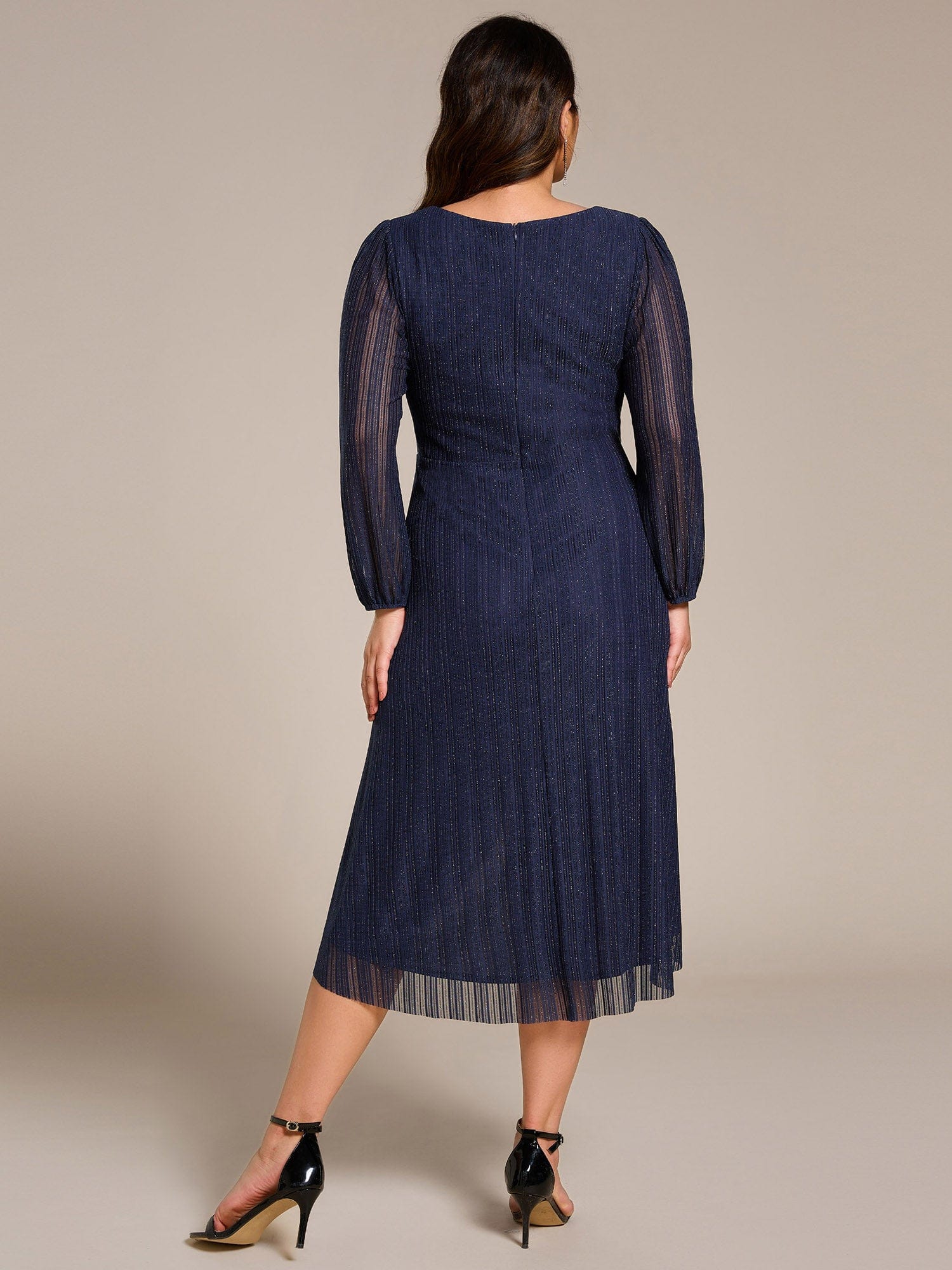 Shiny V-neck Faux-Wrap Midi Wedding Guest Dress with Long Sleeves #color_Navy Blue