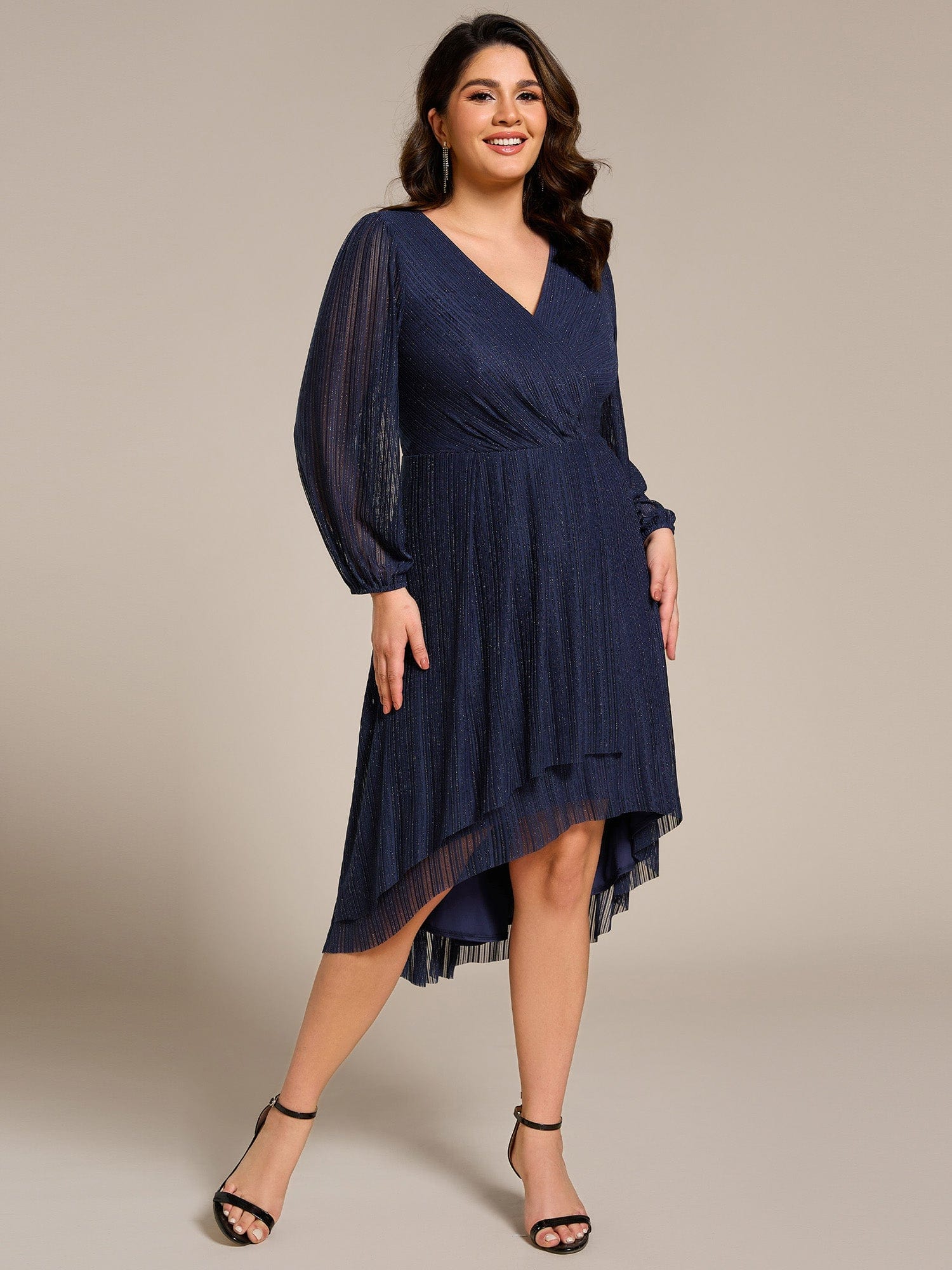 Shiny V-neck Faux-Wrap Midi Wedding Guest Dress with Long Sleeves #color_Navy Blue