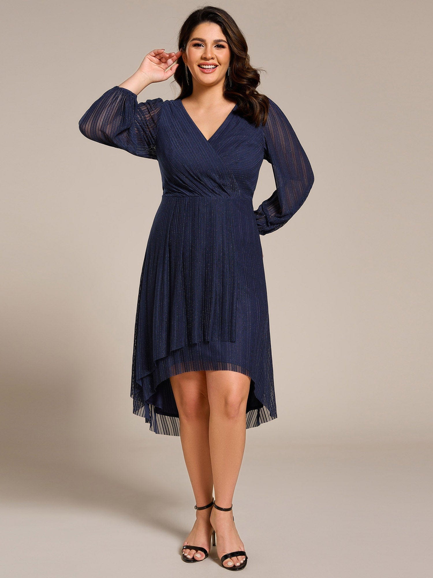 Shiny V-neck Faux-Wrap Midi Wedding Guest Dress with Long Sleeves #color_Navy Blue