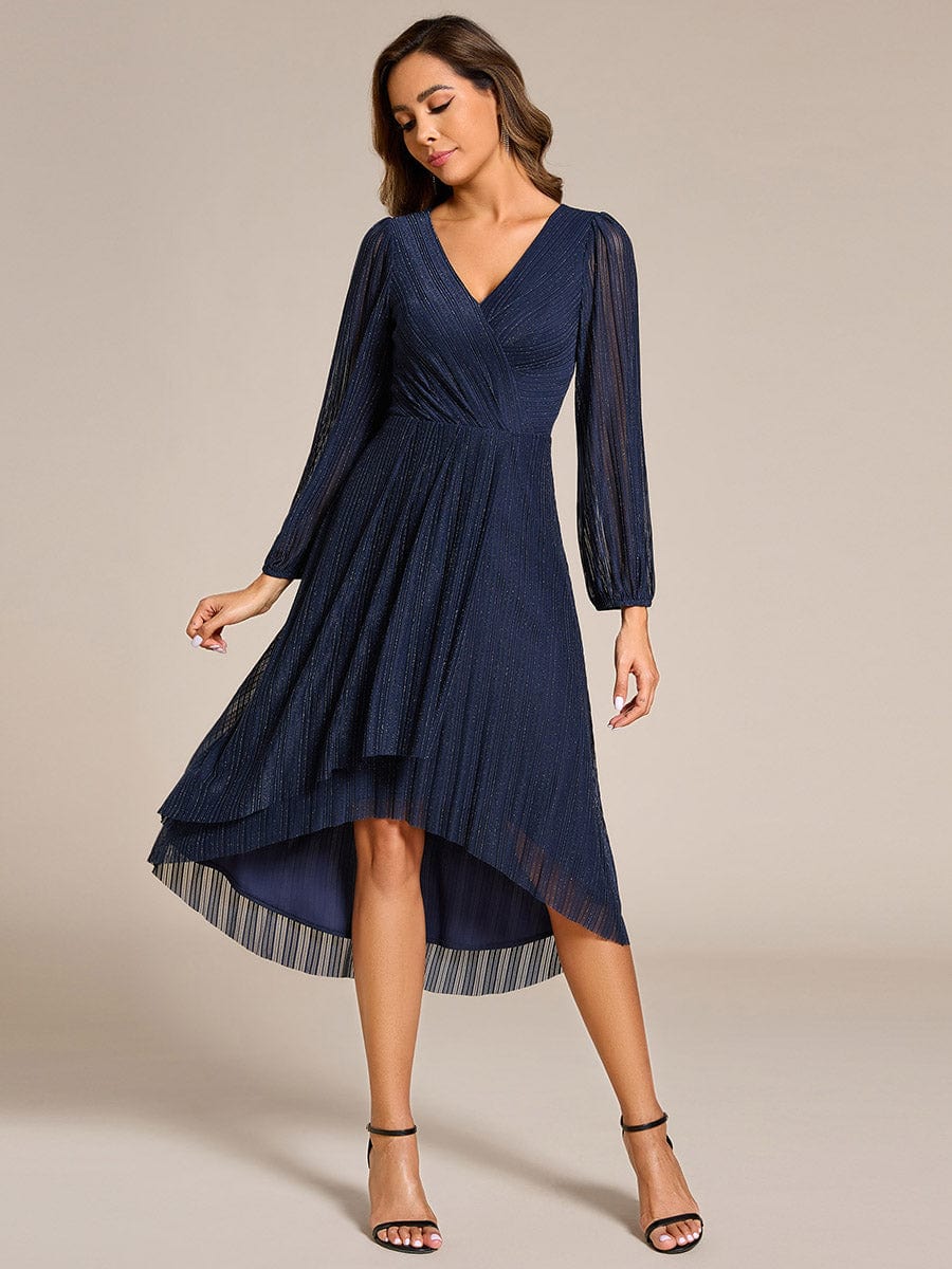 Shiny V-neck Faux-Wrap Midi Wedding Guest Dress with Long Sleeves #color_Navy Blue