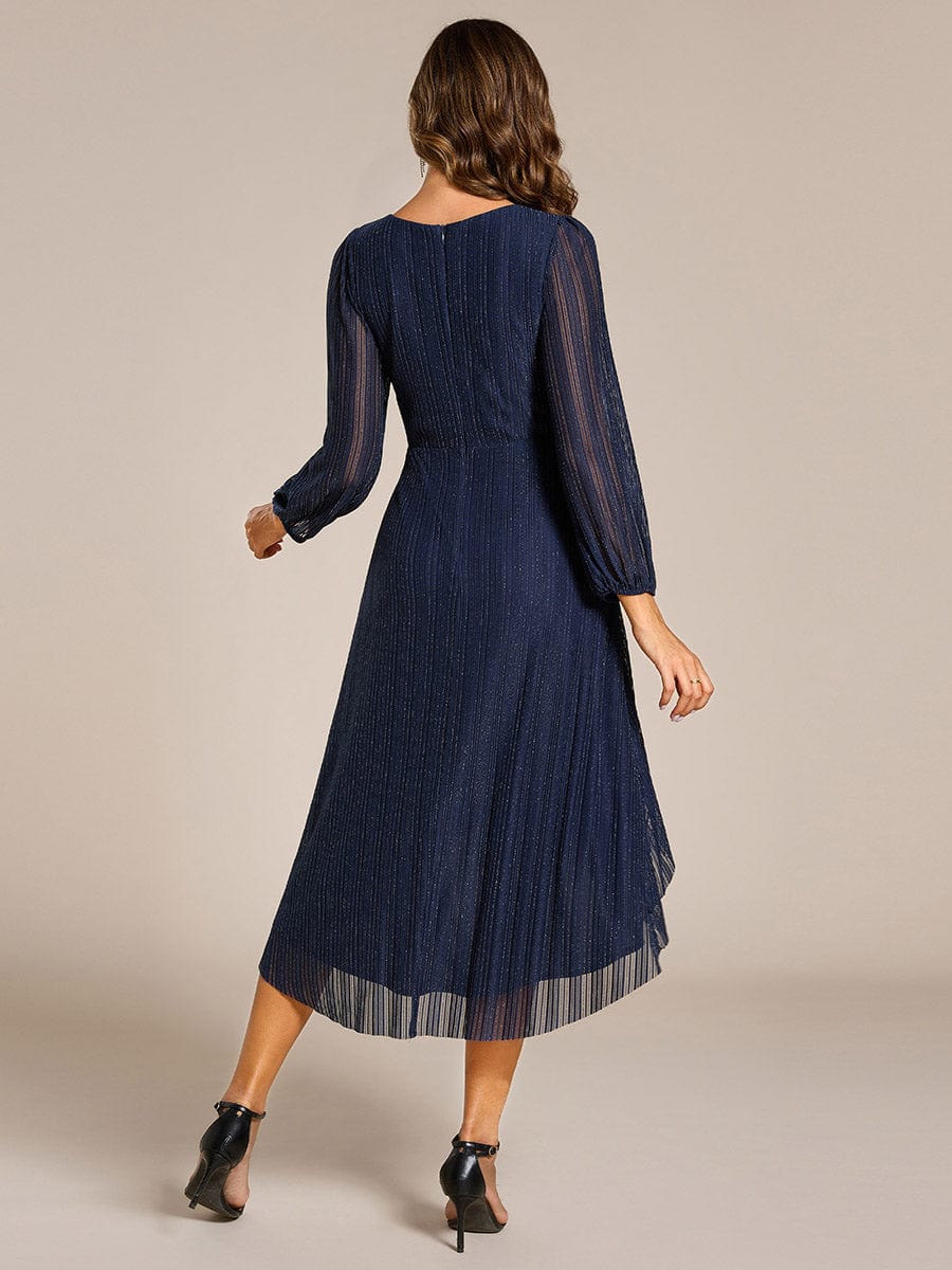 Shiny V-neck Faux-Wrap Midi Wedding Guest Dress with Long Sleeves #color_Navy Blue