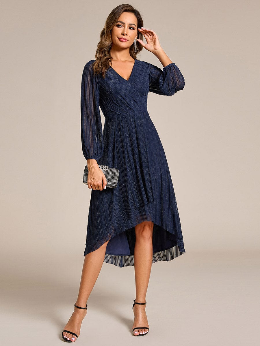 Shiny V-neck Faux-Wrap Midi Wedding Guest Dress with Long Sleeves #color_Navy Blue