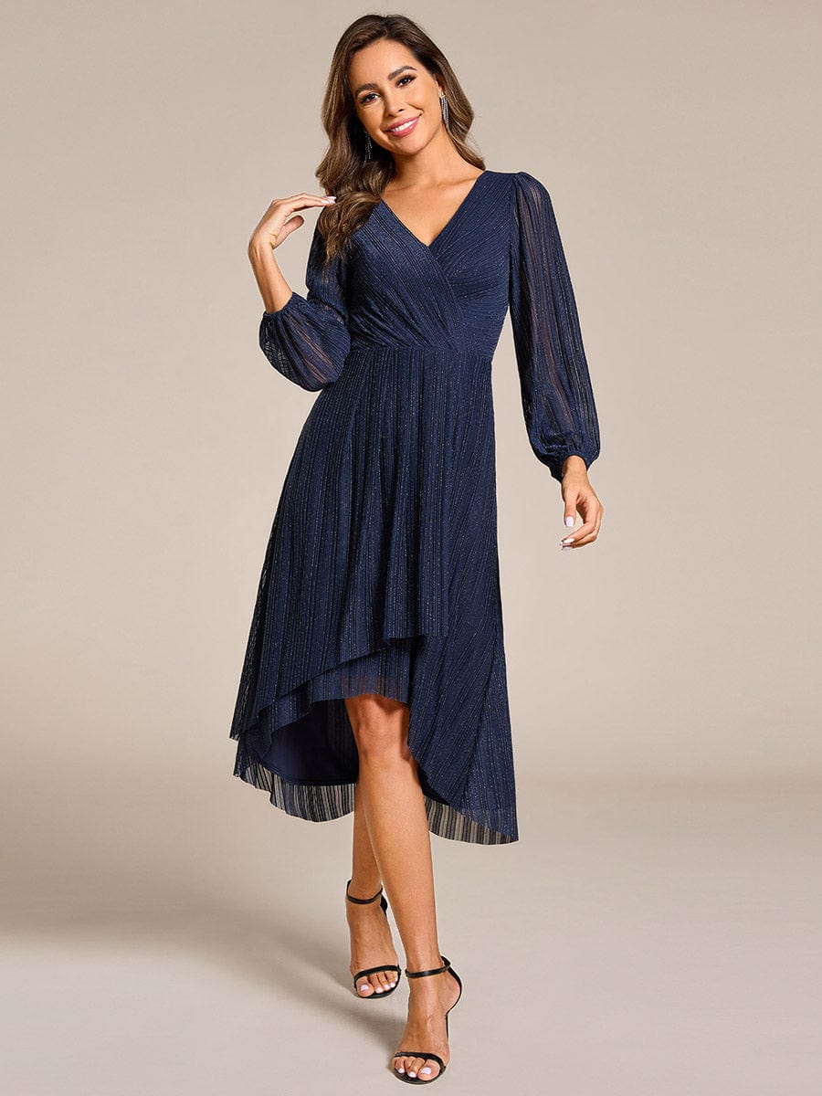 Shiny V-neck Faux-Wrap Midi Wedding Guest Dress with Long Sleeves #color_Navy Blue