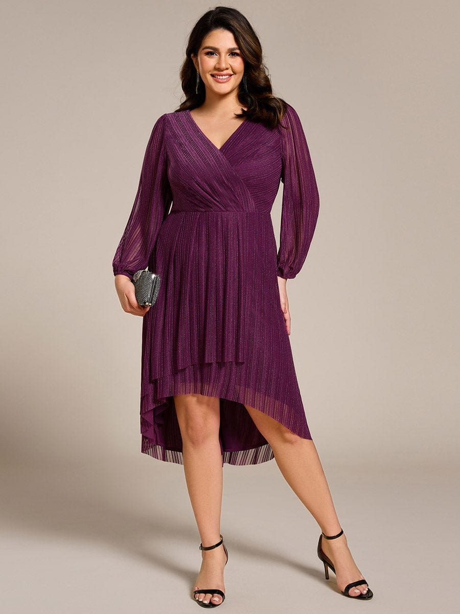 Shiny V-neck Faux-Wrap Midi Wedding Guest Dress with Long Sleeves #color_Purple Wisteria