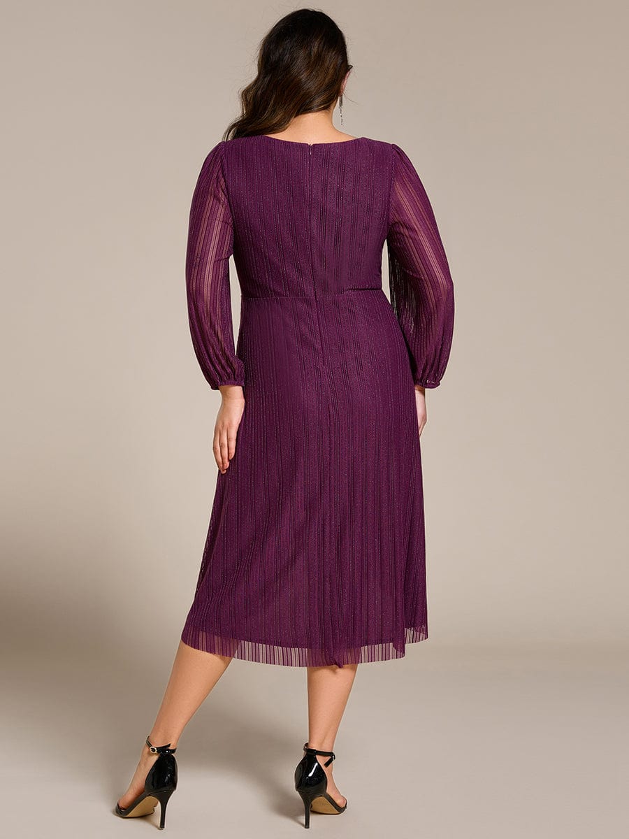 Shiny V-neck Faux-Wrap Midi Wedding Guest Dress with Long Sleeves #color_Purple Wisteria