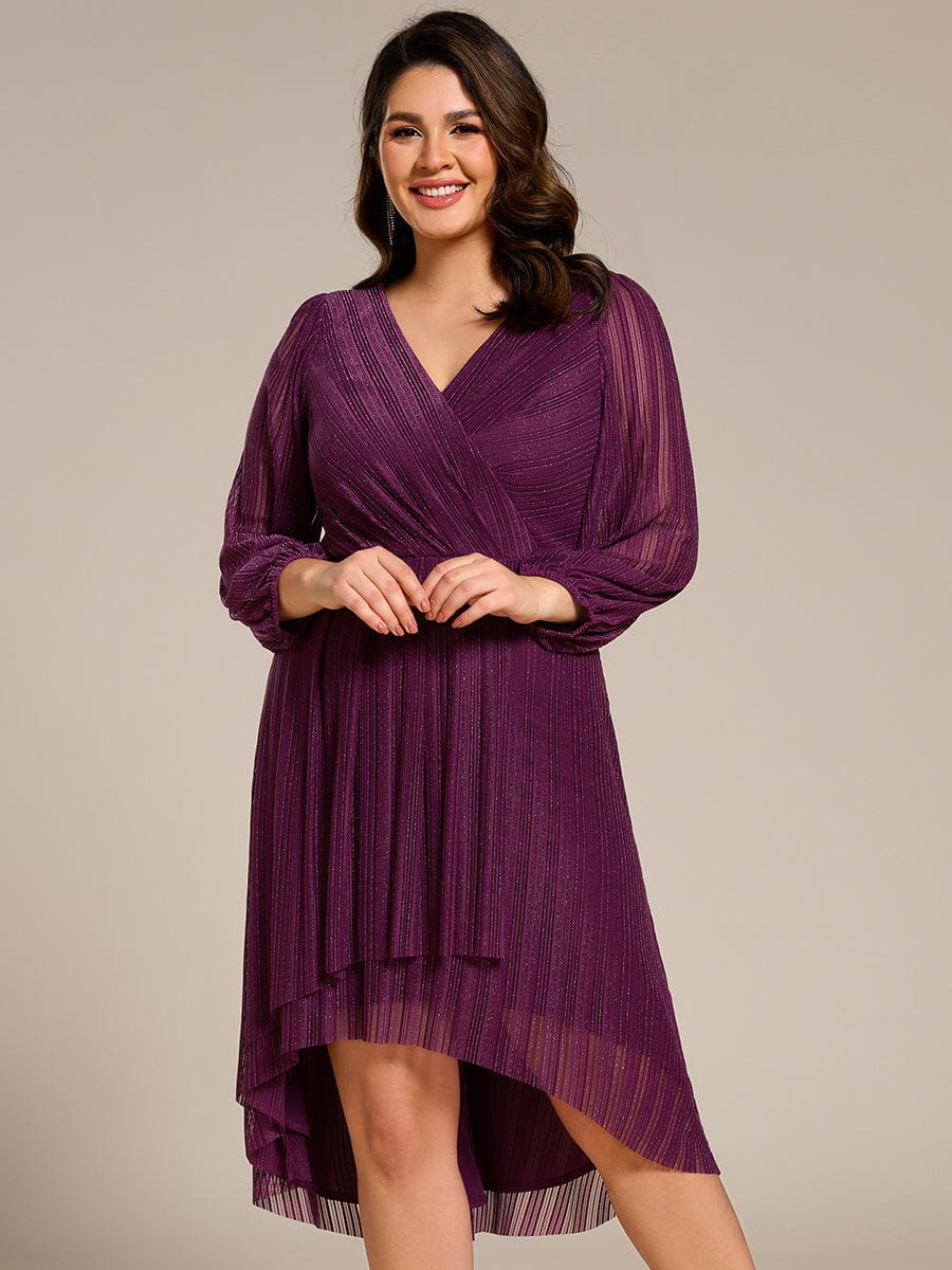 Shiny V-neck Faux-Wrap Midi Wedding Guest Dress with Long Sleeves #color_Purple Wisteria