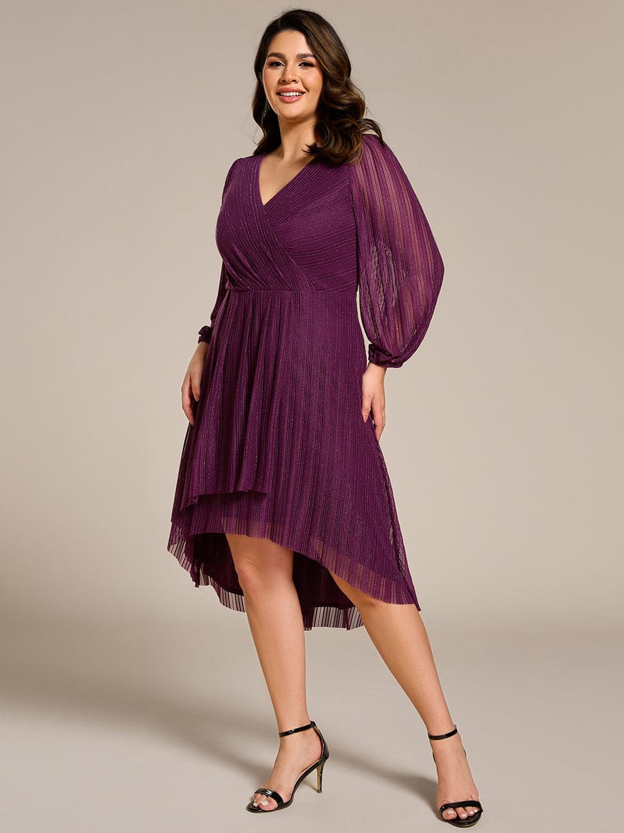 Shiny V-neck Faux-Wrap Midi Wedding Guest Dress with Long Sleeves #color_Purple Wisteria