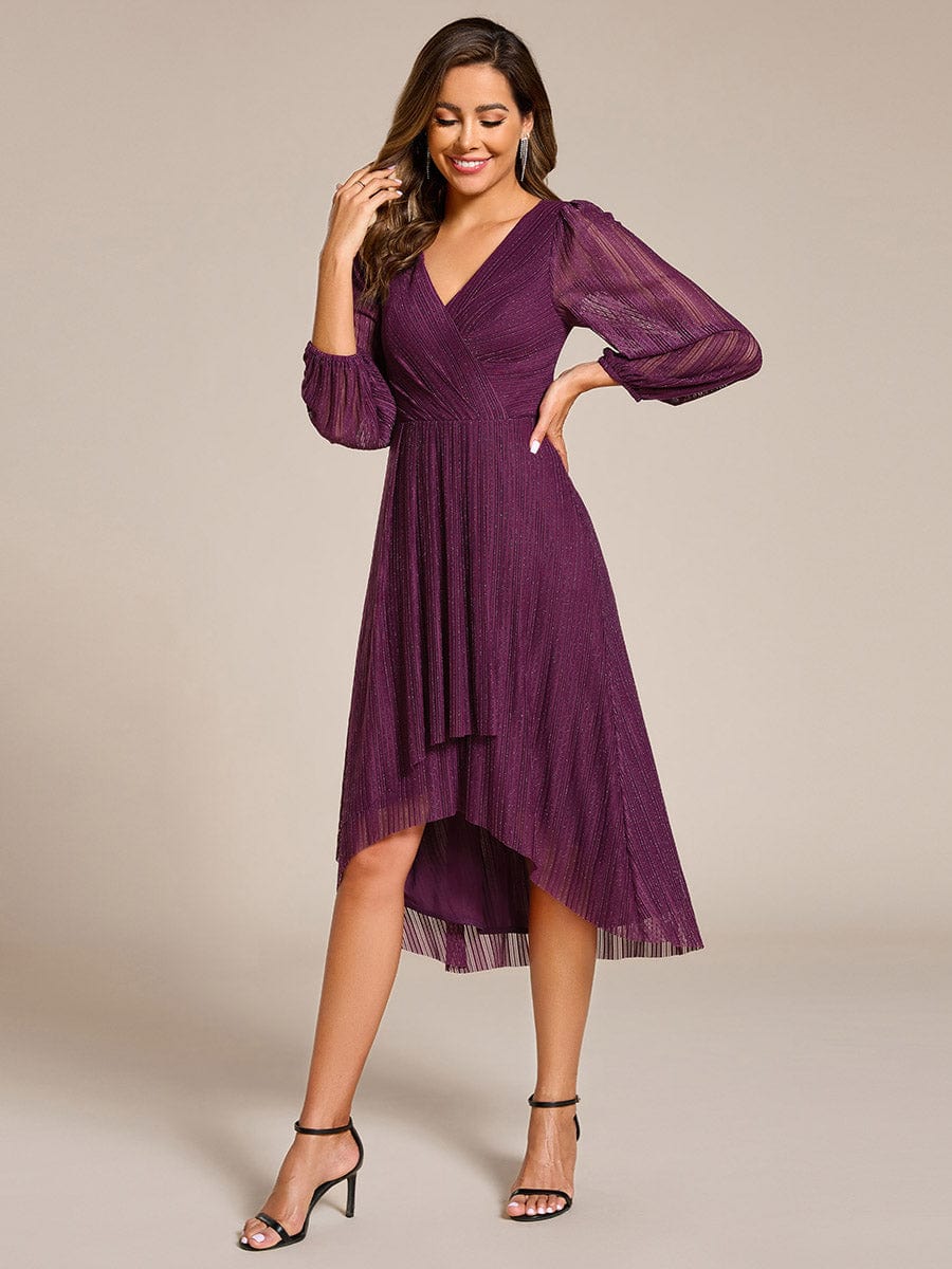 Shiny V-neck Faux-Wrap Midi Wedding Guest Dress with Long Sleeves #color_Purple Wisteria