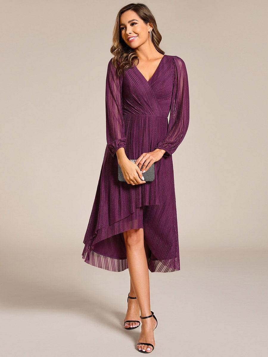 Shiny V-neck Faux-Wrap Midi Wedding Guest Dress with Long Sleeves #color_Purple Wisteria