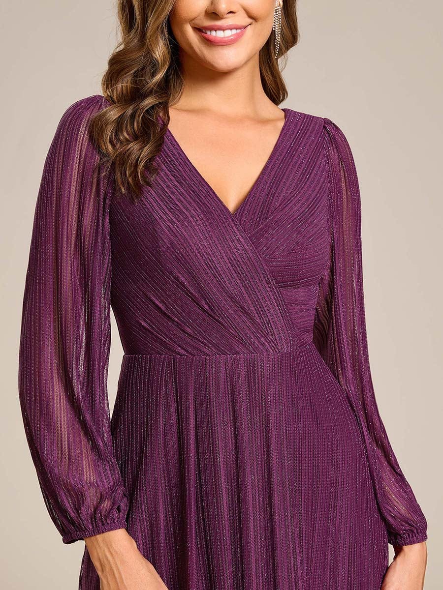 Shiny V-neck Faux-Wrap Midi Wedding Guest Dress with Long Sleeves #color_Purple Wisteria