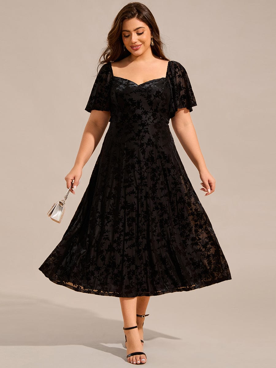 Velvet Short Sleeve Tea-Length Jacquard Wedding Guest Dress #color_Black