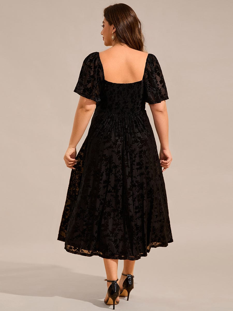 Velvet Short Sleeve Tea-Length Jacquard Wedding Guest Dress #color_Black