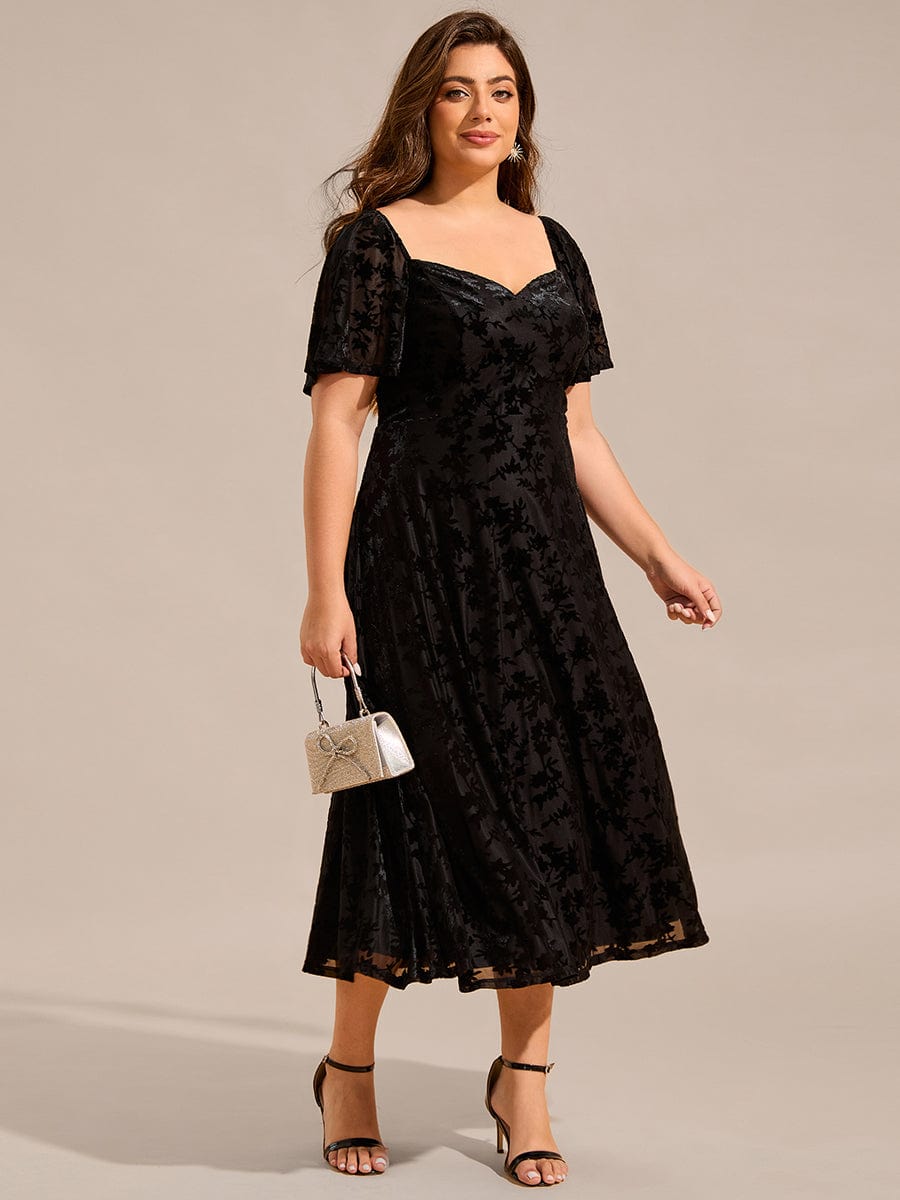 Velvet Short Sleeve Tea-Length Jacquard Wedding Guest Dress #color_Black