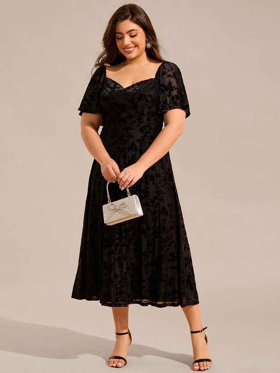 Velvet Short Sleeve Tea-Length Jacquard Wedding Guest Dress #color_Black