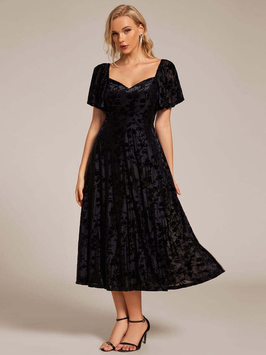 Velvet Short Sleeve Tea-Length Jacquard Wedding Guest Dress #color_Black