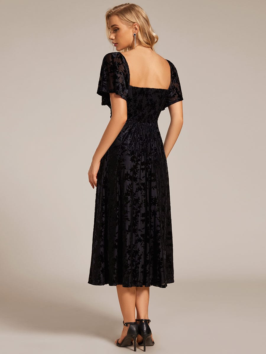 Velvet Short Sleeve Tea-Length Jacquard Wedding Guest Dress #color_Black