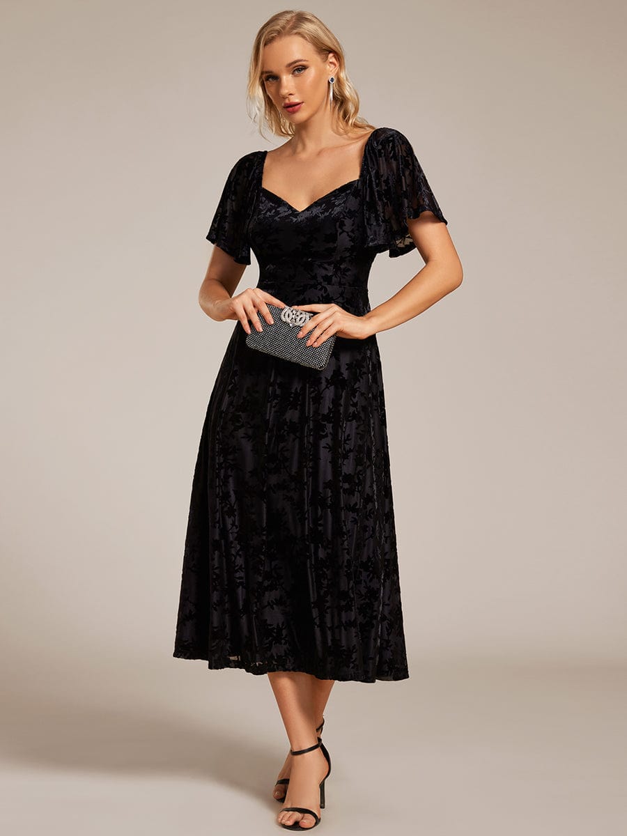 Velvet Short Sleeve Tea-Length Jacquard Wedding Guest Dress #color_Black