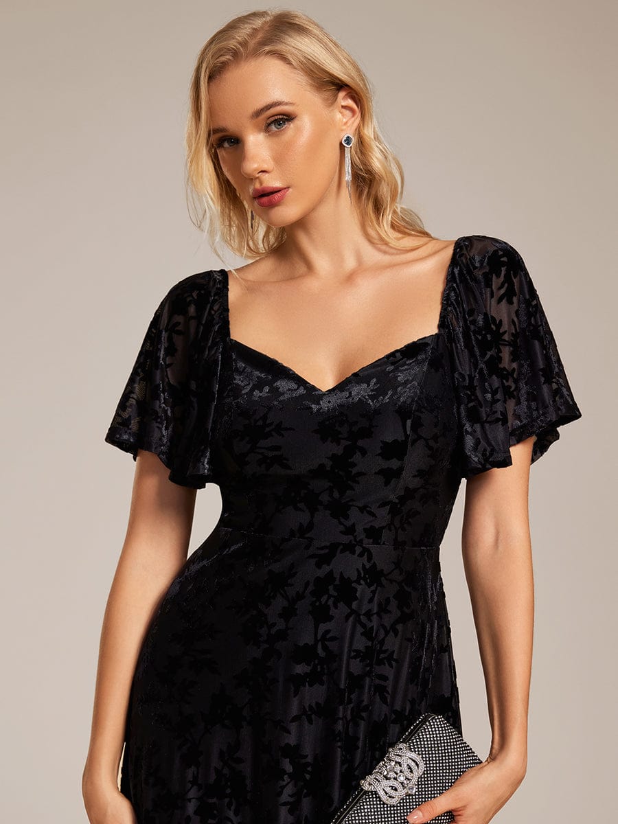 Velvet Short Sleeve Tea-Length Jacquard Wedding Guest Dress #color_Black