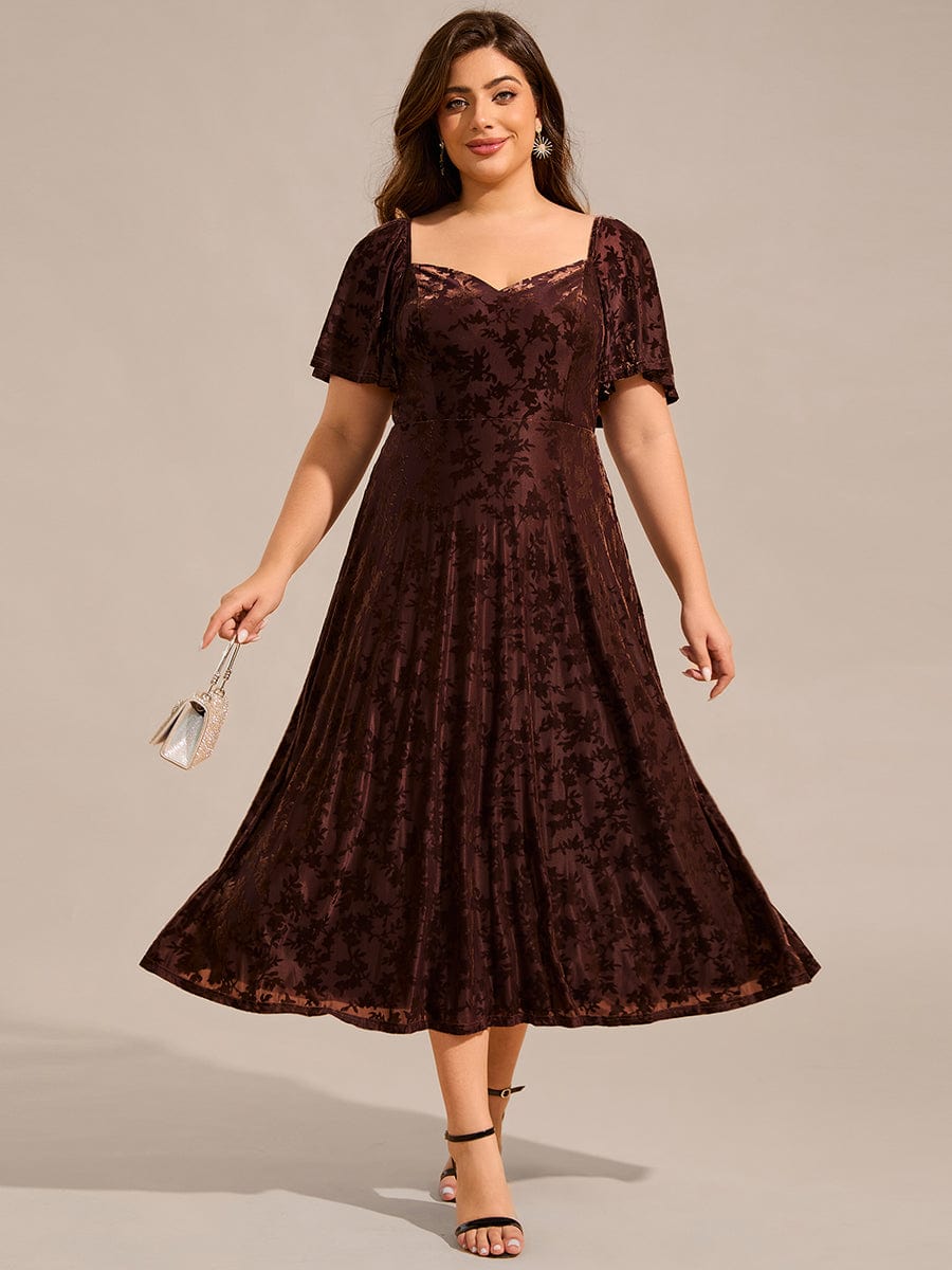 Velvet Short Sleeve Tea-Length Jacquard Wedding Guest Dress #color_Coffee