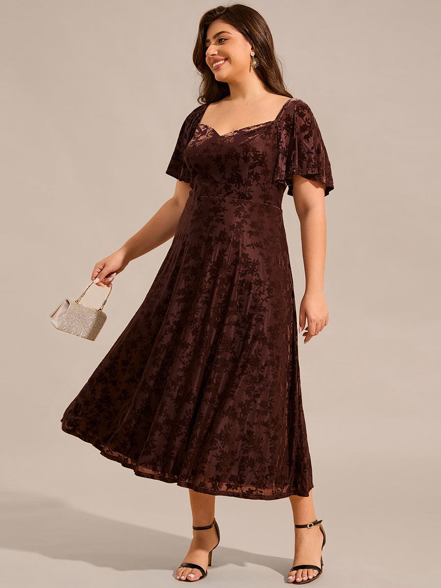 Velvet Short Sleeve Tea-Length Jacquard Wedding Guest Dress #color_Coffee