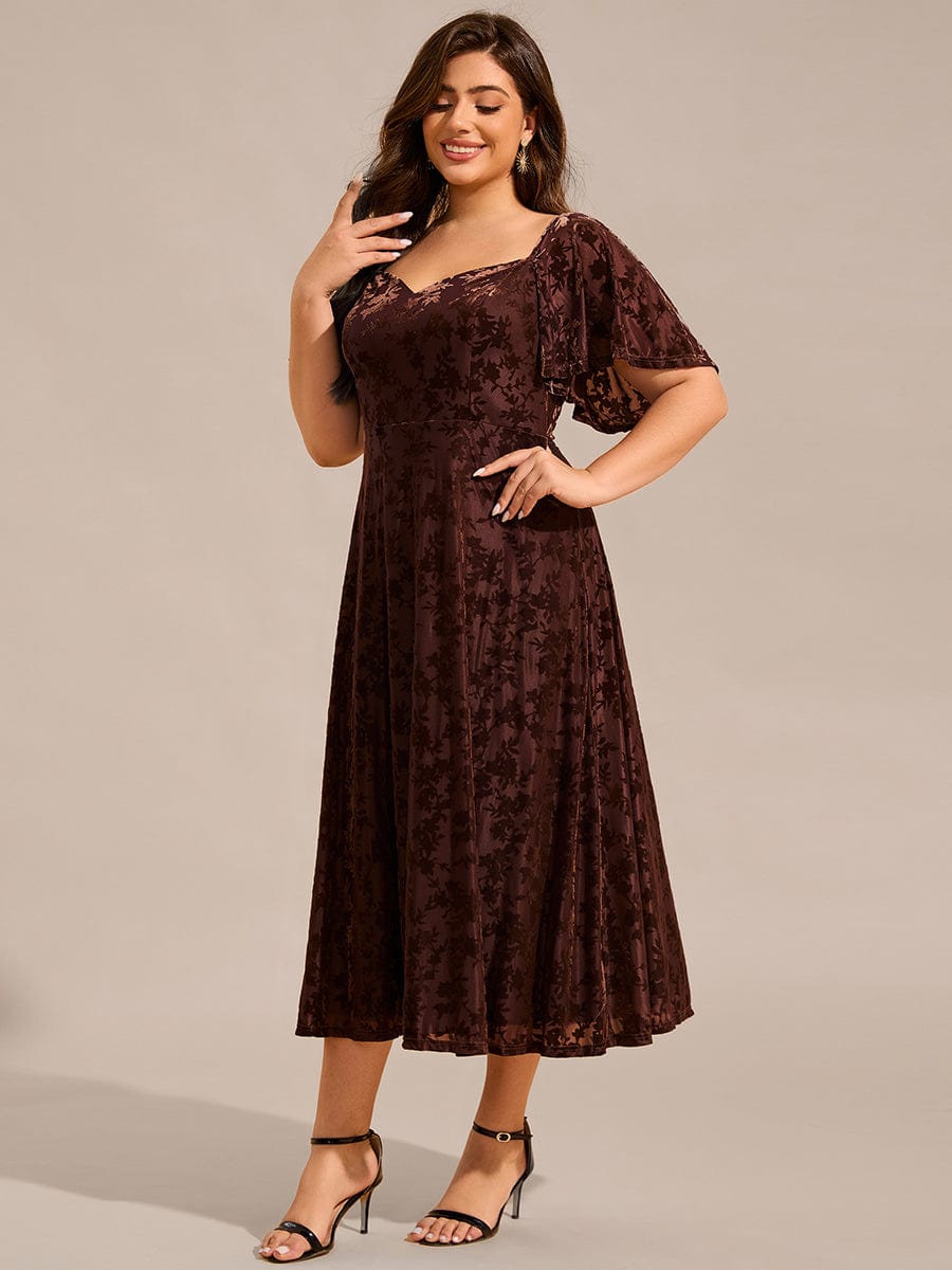 Velvet Short Sleeve Tea-Length Jacquard Wedding Guest Dress #color_Coffee