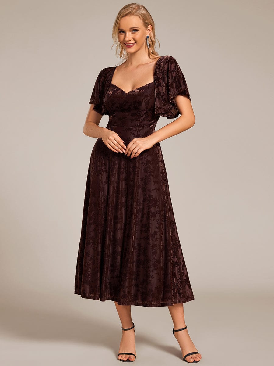 Velvet Short Sleeve Tea-Length Jacquard Wedding Guest Dress #color_Coffee