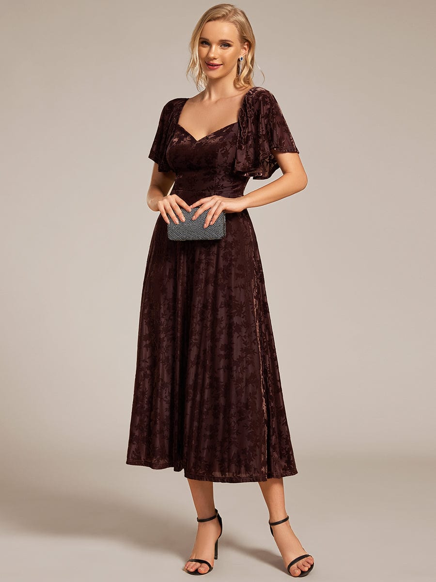 Velvet Short Sleeve Tea-Length Jacquard Wedding Guest Dress #color_Coffee