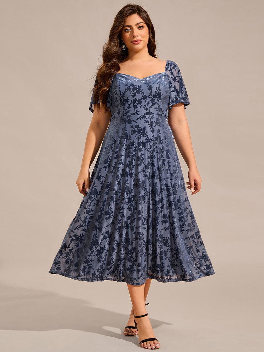 Velvet Short Sleeve Tea-Length Jacquard Wedding Guest Dress #color_Dusty Blue