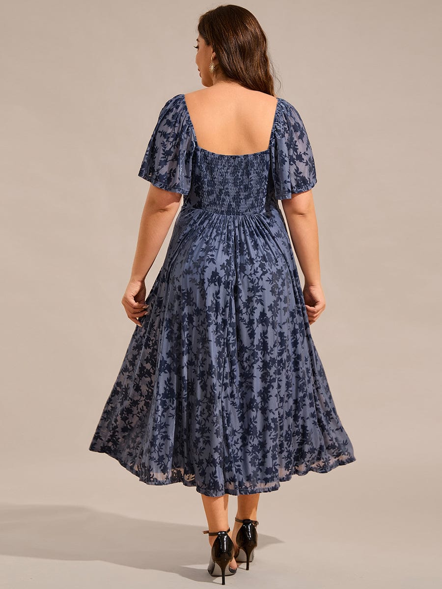 Velvet Short Sleeve Tea-Length Jacquard Wedding Guest Dress #color_Dusty Blue