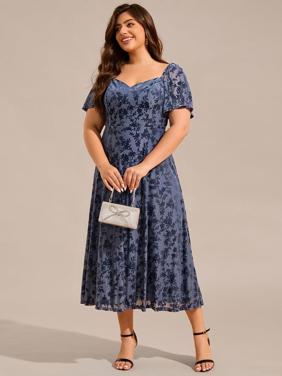 Velvet Short Sleeve Tea-Length Jacquard Wedding Guest Dress #color_Dusty Blue