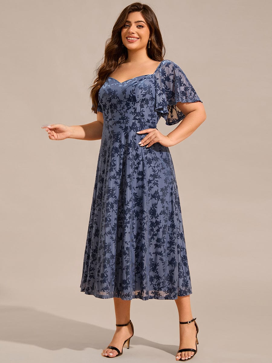 Velvet Short Sleeve Tea-Length Jacquard Wedding Guest Dress #color_Dusty Blue