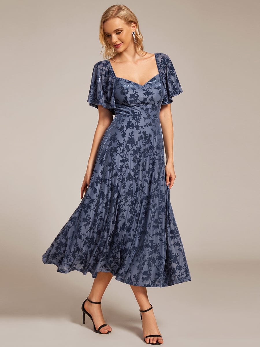 Velvet Short Sleeve Tea-Length Jacquard Wedding Guest Dress #color_Dusty Navy