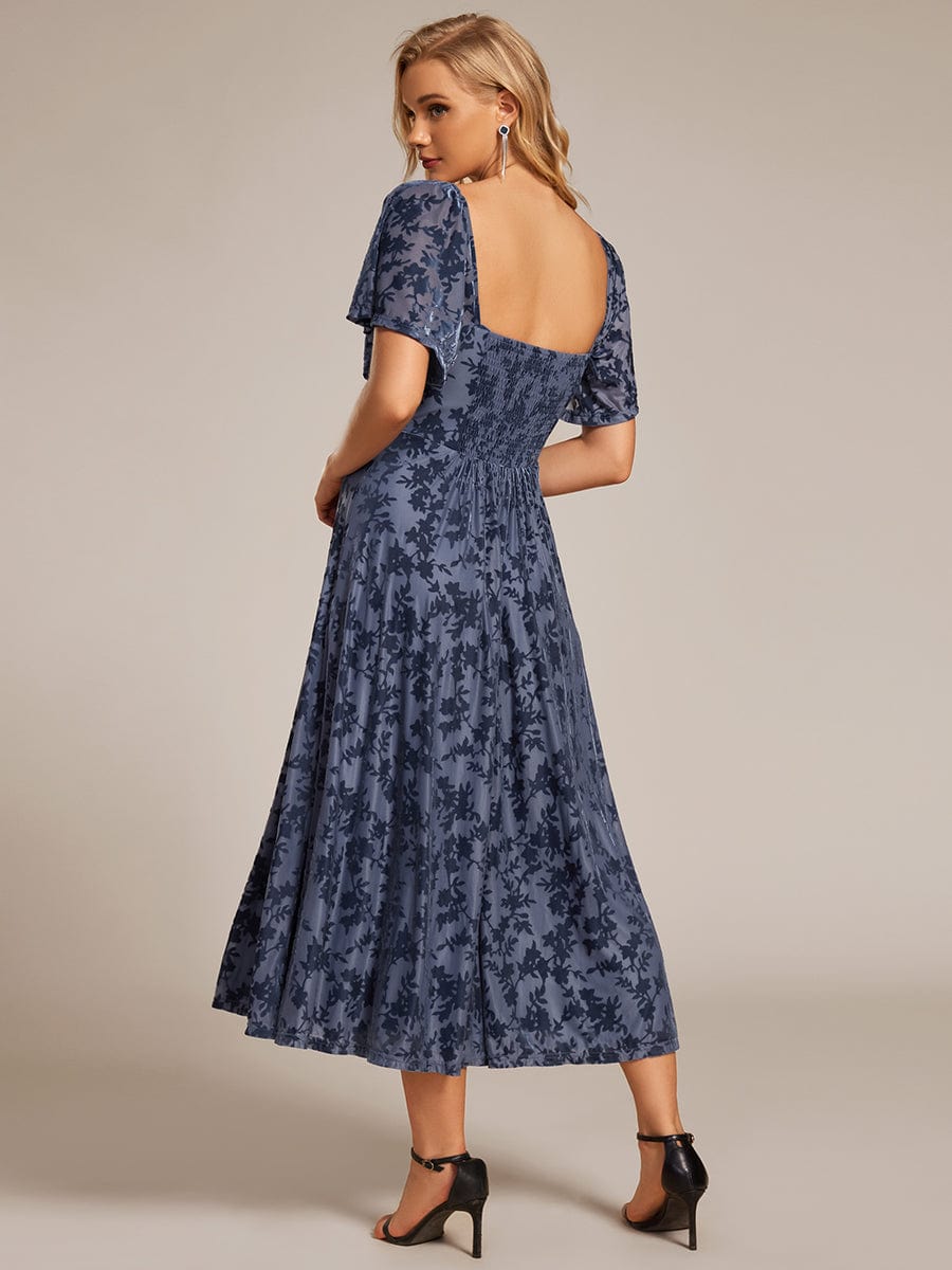 Velvet Short Sleeve Tea-Length Jacquard Wedding Guest Dress #color_Dusty Navy