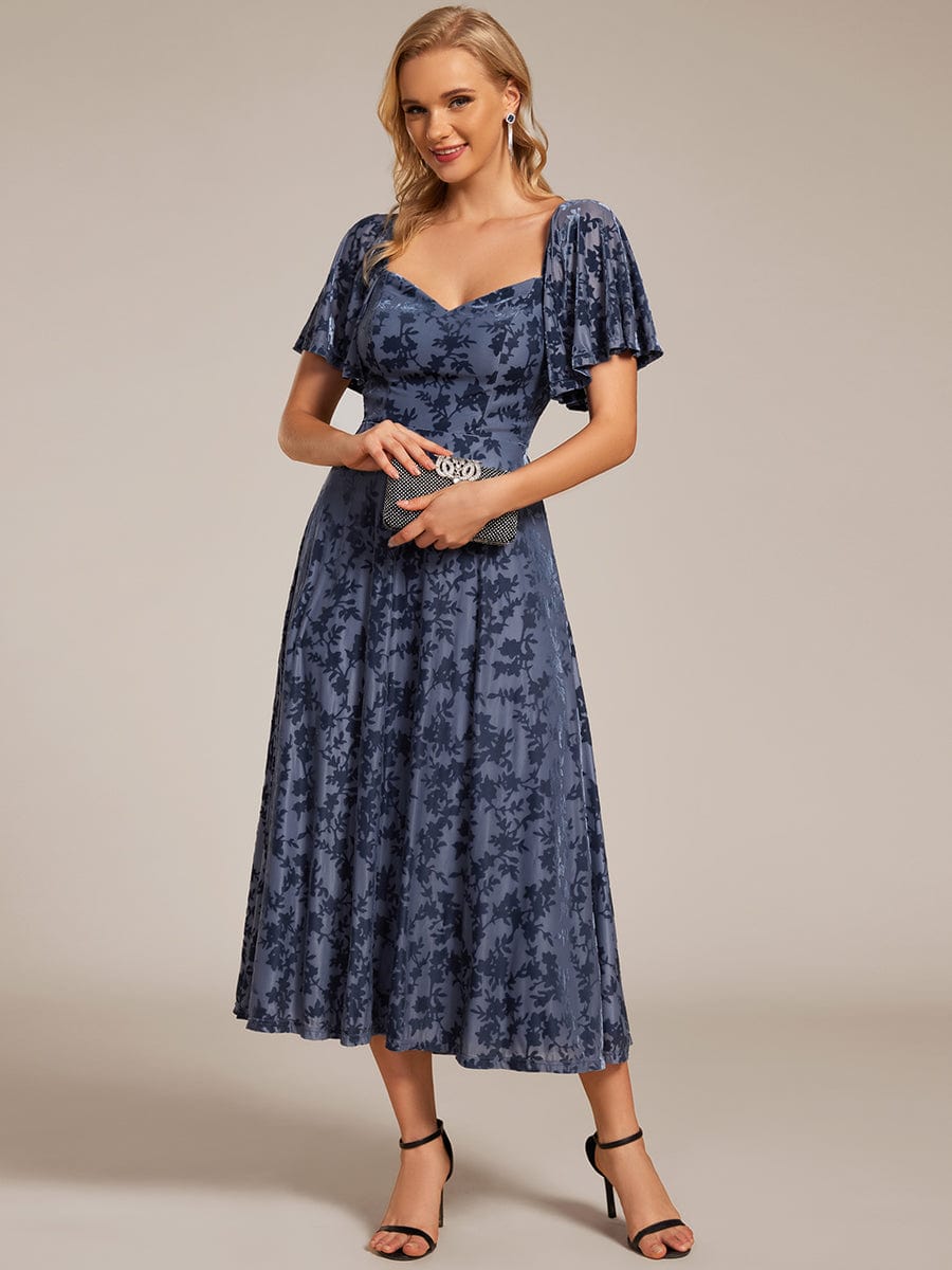 Velvet Short Sleeve Tea-Length Jacquard Wedding Guest Dress #color_Dusty Navy