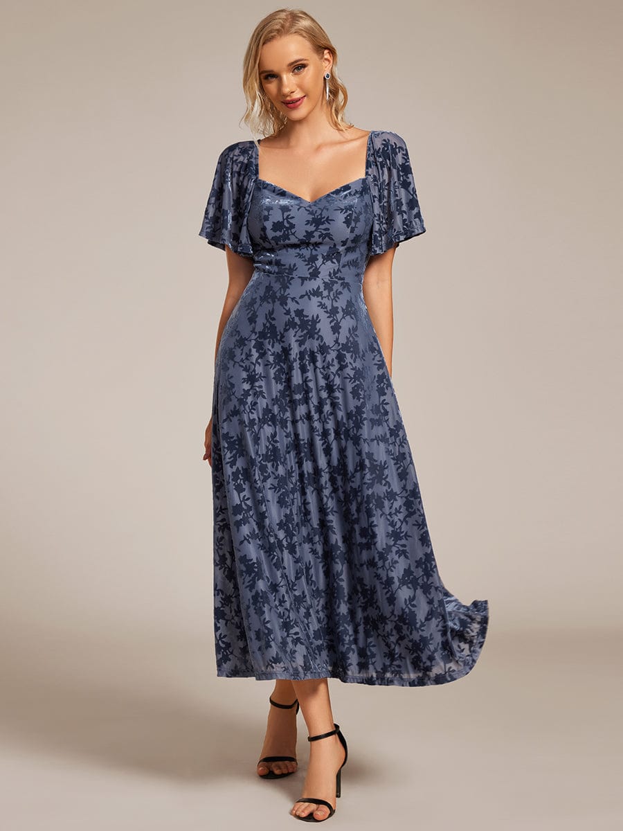 Velvet Short Sleeve Tea-Length Jacquard Wedding Guest Dress #color_Dusty Navy