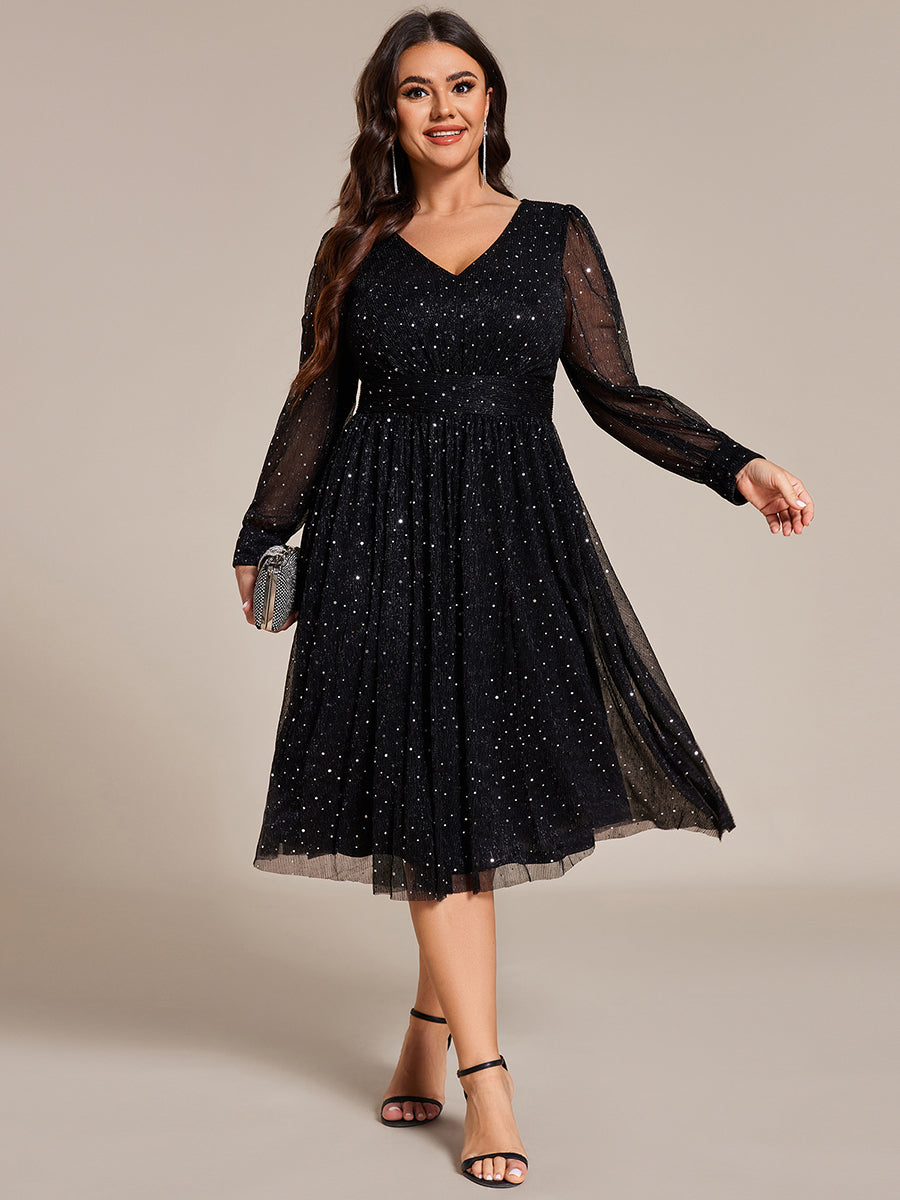 Empire WaistV Neck Sequin A-line Long Sleeve Midi Length Wedding Guest Dress #color_Black