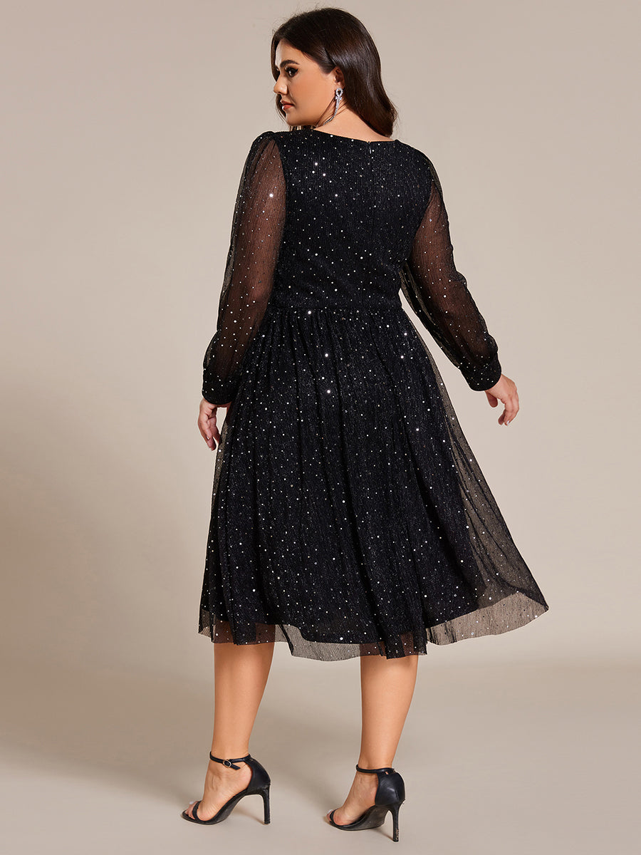 Empire WaistV Neck Sequin A-line Long Sleeve Midi Length Wedding Guest Dress #color_Black