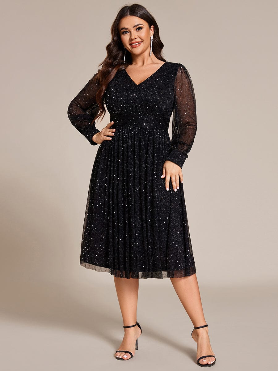 Plus Size Empire WaistV Neck Sequin A-line Long Sleeve Midi Length Wedding Guest Dress #color_Black