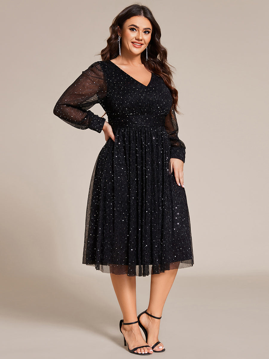 Empire WaistV Neck Sequin A-line Long Sleeve Midi Length Wedding Guest Dress #color_Black