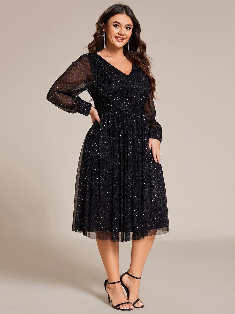 Plus Size Empire WaistV Neck Sequin A-line Long Sleeve Midi Length Wedding Guest Dress #color_Black