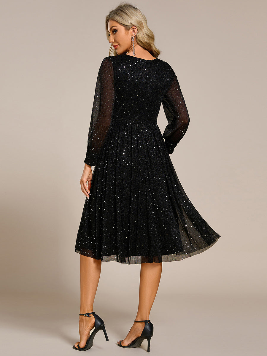 Empire WaistEmpire Waist Sequin A-line Long Sleeve Midi Length Wedding Guest Dress #color_Black