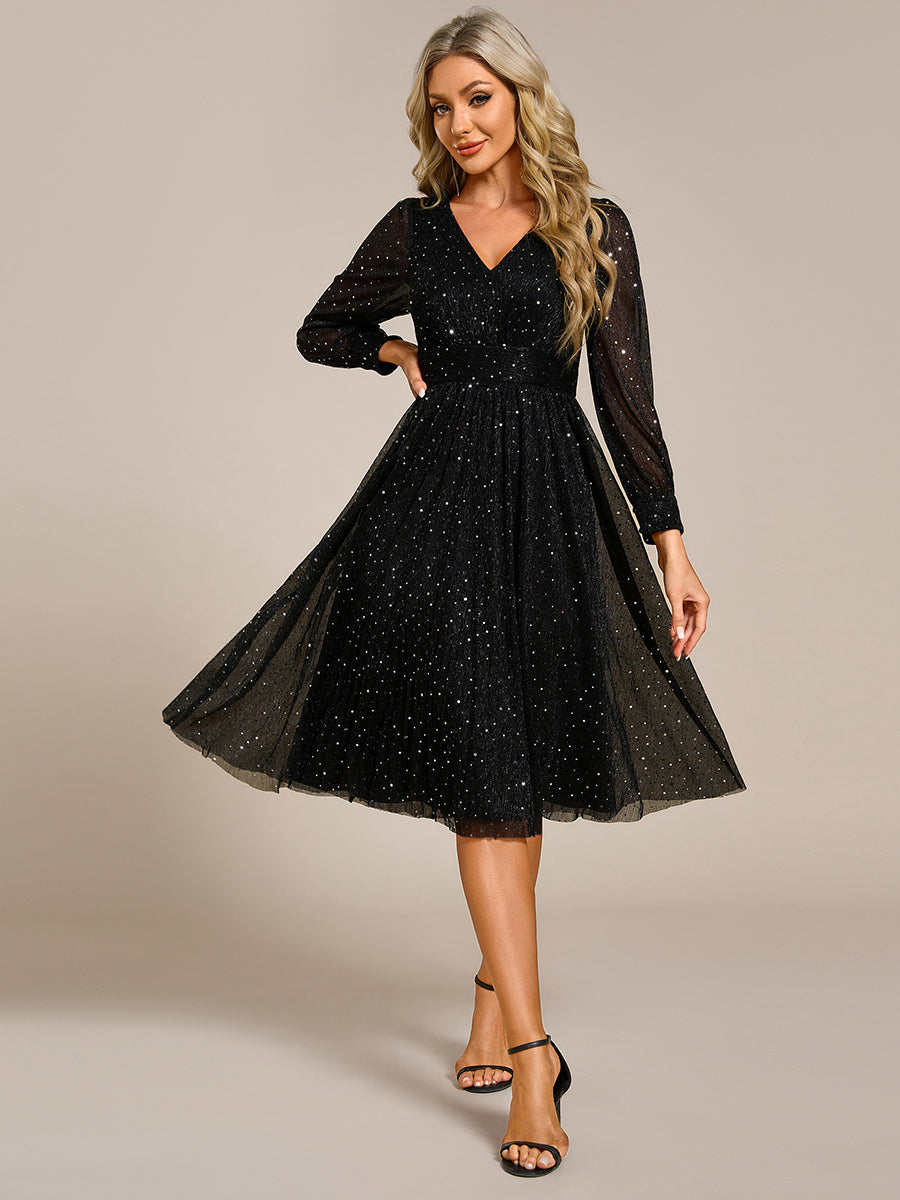 Empire WaistV Neck Sequin A-line Long Sleeve Midi Length Wedding Guest Dress #color_Black