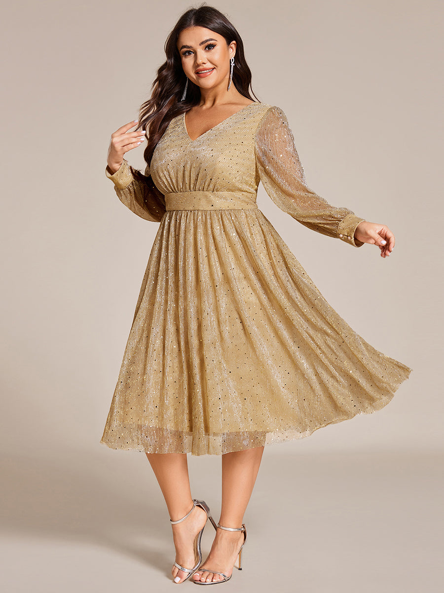 Empire WaistV Neck Sequin A-line Long Sleeve Midi Length Wedding Guest Dress #color_Gold